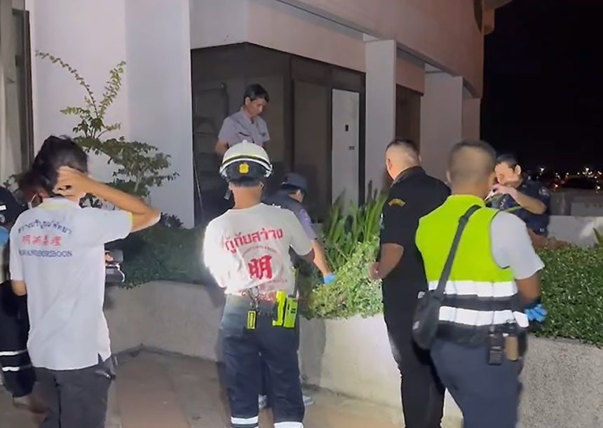 Rescuers respond to the scene of a fatal fall at a Pattaya hotel on Saturday.