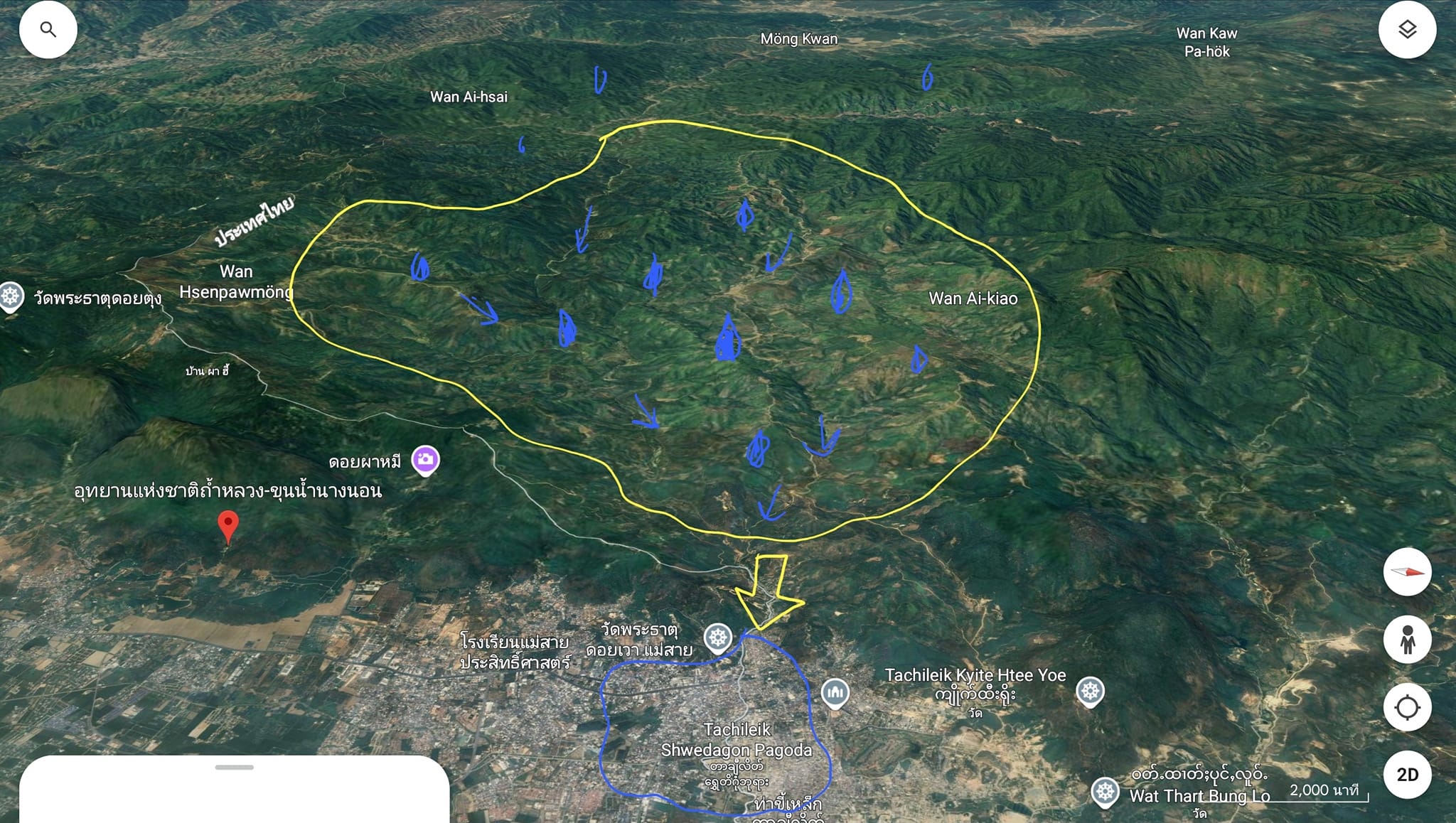 The water that flooded Mae Sai came almost entirely from the Burmese side, starting from the high mountainous areas