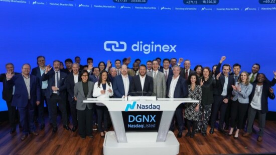 The Diginex leadership team, joined by partners and supporters, proudly rings the Nasdaq Closing Bell to celebrate its remarkable IPO success 